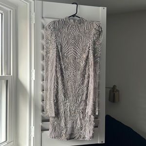 Long Sleeve Beaded Sequenced Formal Mini Dress